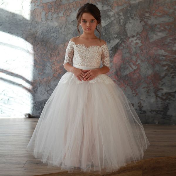 

ball gown flower girl dresses for weddings tulle princess lace half sleeve holy first communion gowns with bow tie, White;blue