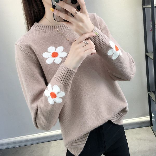 

korean floral women sweaters and pullovers 2020 new autumn winter casual loose o-neck long sleeve knitted jacket sueter mujer, White;black