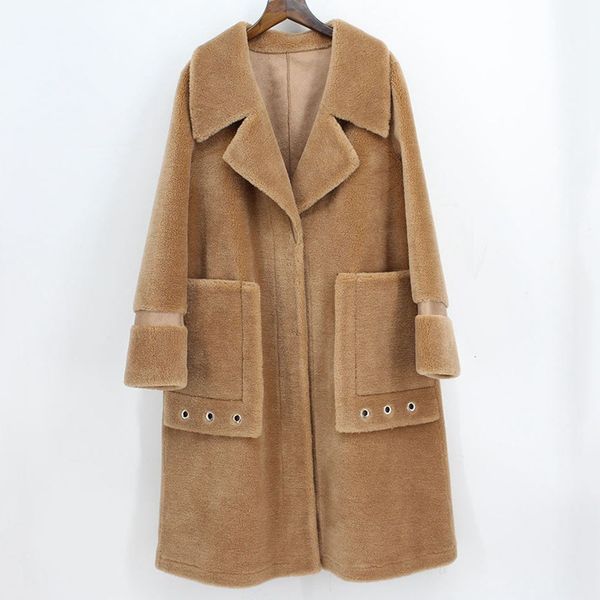 

duoupa 2019 new fashion wool fur coat fur female long coat large lapel lamb grass female pocket decoration trend, Black
