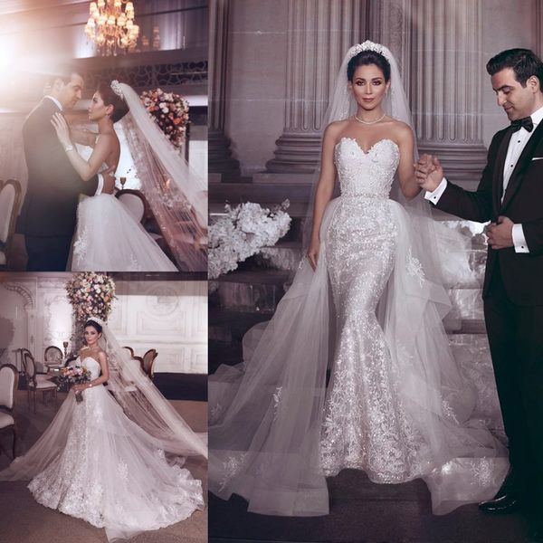 

великолепная русалка overskirts свадебные платья 2019 кружева аппликация милая пляж свадебные платья халаты де soirée плюс размер свадебное, White