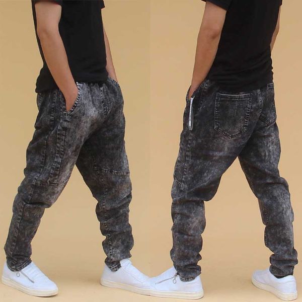 

snow wash patchwork harem jeans men casual streetwear low crotch hip hop baggy denim pants elastic black trousers man clothes, Blue
