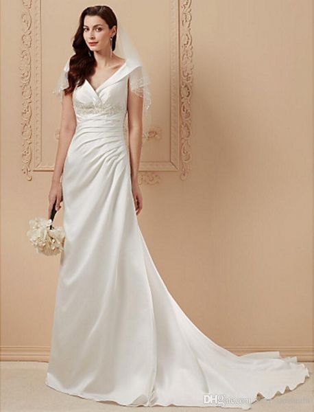 

новые v-образным вырезом часовня поезд свадебные платья с бисером аппликация открытая спина без рукавов свадебные платья атласная русалка пл, White