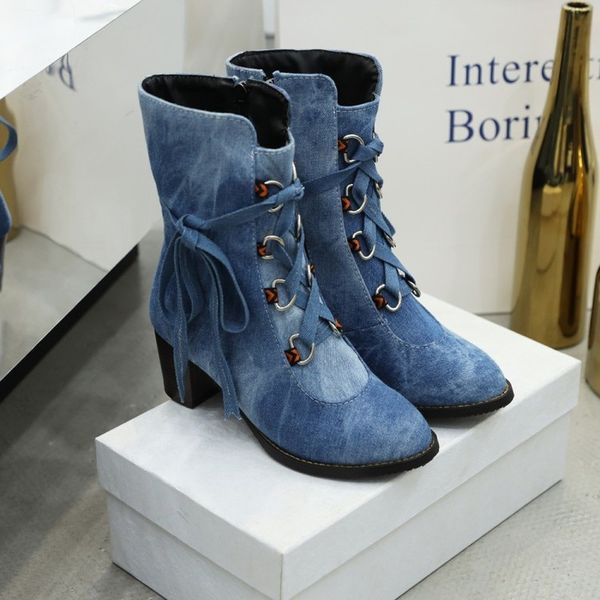 

us4-13 womens denim jeans ankle boots lace up side zipper block chunky heel fleece warm winter shoes 3colors plus size motorcyle, Black