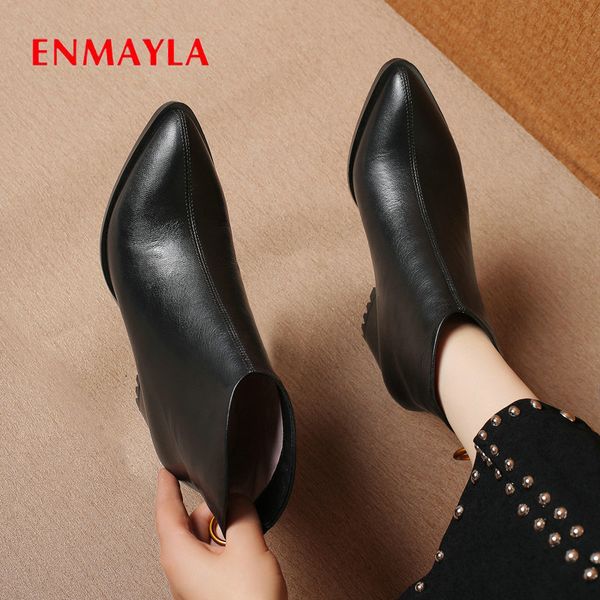 

enmayla 2020 fashion women winter boots genuine leather basic round toe square heel zip luxury shoes women designers size 34-43, Black