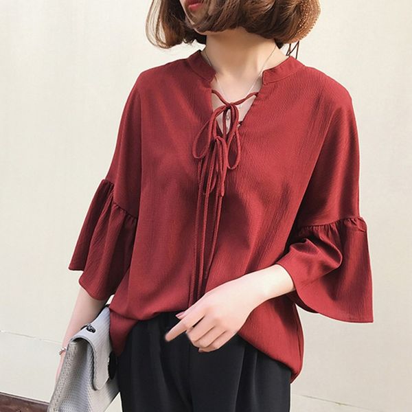 

women lace up chiffon blouse women's solid v-neck long sleeve shirt korean loose blouse rk, White