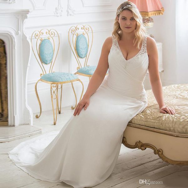 

elegant v-neck plus size long wedding dress beading pearls sleeveless pleat chiffon wedding dresses robe de mariage, White