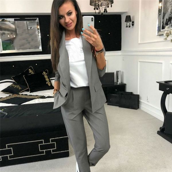 

work suits ol 2 piece sets solid color blazer jacket elastic band trousers suit for women set feminino spring, White