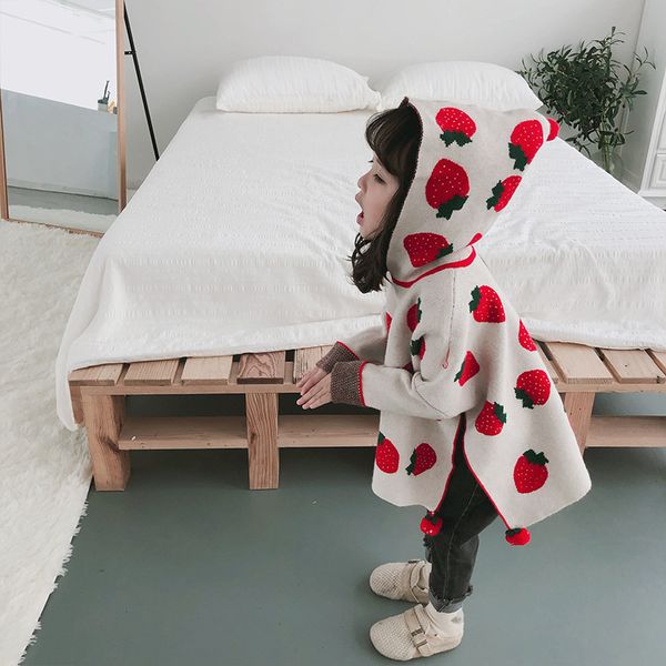 

autumn winter fashion girls strawberry oversized long sleeve hooded sweater cloak kids knitted fashion clothes, Blue
