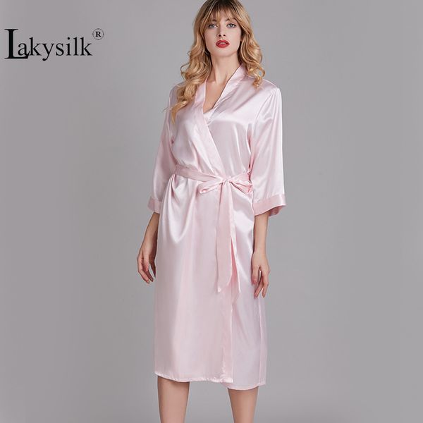 

fashion silk nightgown lady spring summer solid satin robe v-neck three quarter sleeve sleepshirts elegant lady kimono bathrobe, Black;red