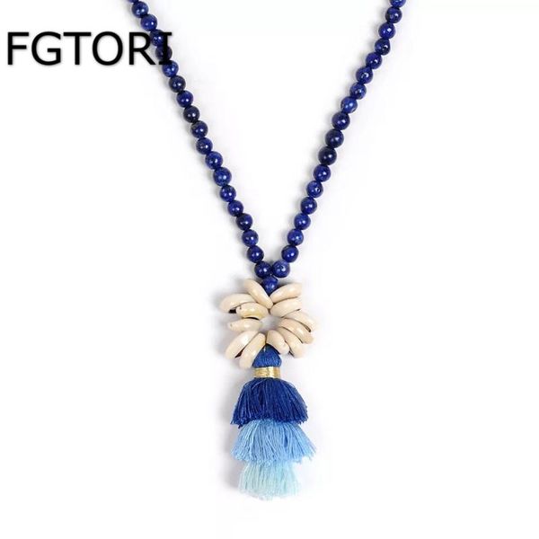 

fgtori natural stone beaded shell tassel pendant long necklace for women jewelry&bohemian shell pendant sweater chain for gift, Silver