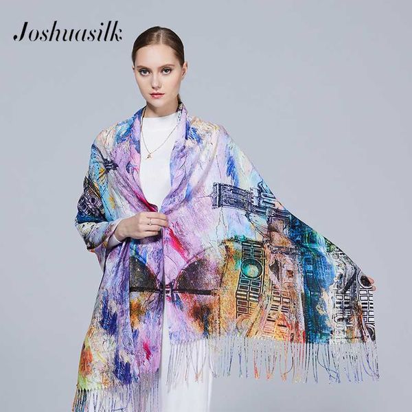 

oshuasilk autumn winter women scarf cotton blends double-sided printing oil painting design pattern shawls and scarves, Blue;gray