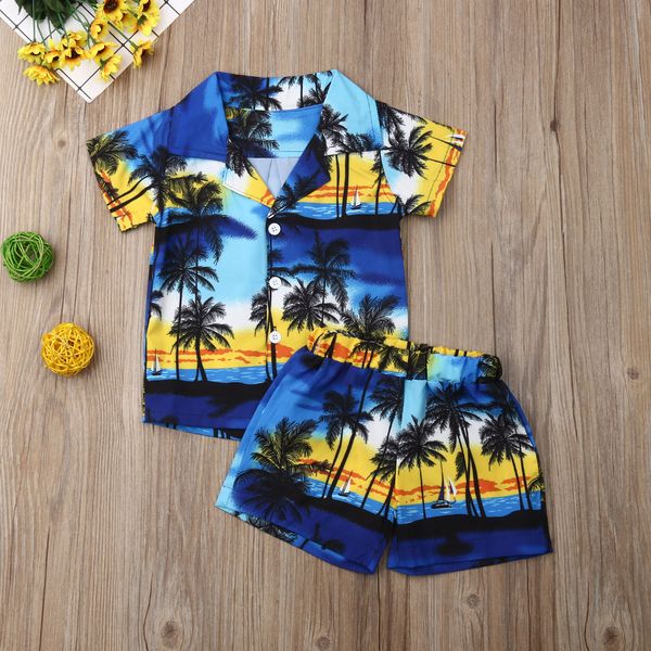 

1-6years hawaiian style 2pcs toddler kids boys summer outfits holiday beach floral short sleeve shirt +shorts set, White