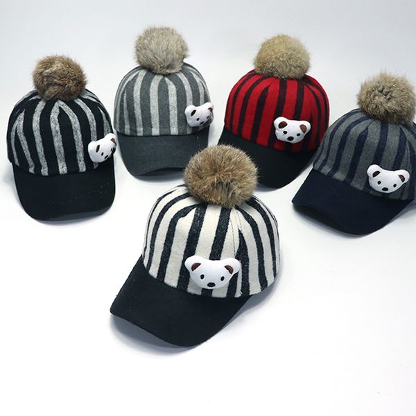 

fashion children woollen cloth stripe little bear hair ball baseball cap hat new born pgraphy baby boy clothes gorro, Yellow