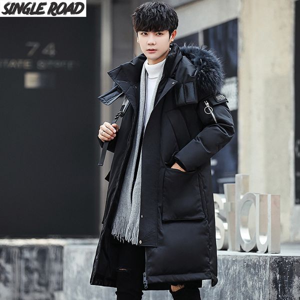 

single road 2019 winter jacket men fashion windproof casual outerwear thick medium long coat men solid warm clothing, Black