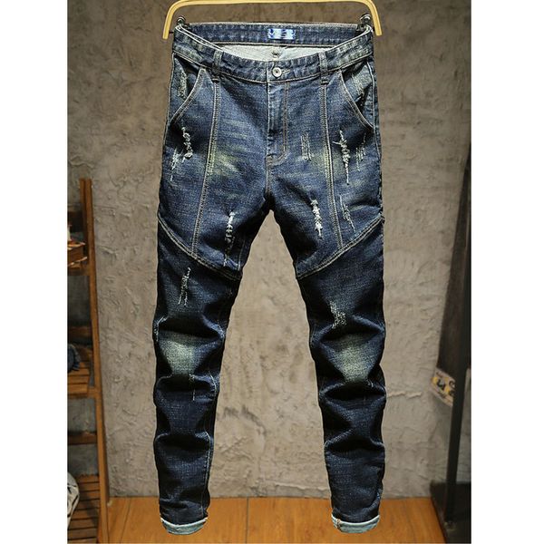

fat jeans men trendy holes fashion casual wild 2020 spring new loose fat big size feet men demin jeans taoh, Blue