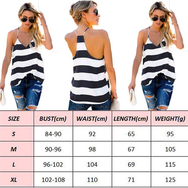 

women casual v-neck vest chiffon broad stripe sleeveless spaghetti strap tank summer beach tank camis, White