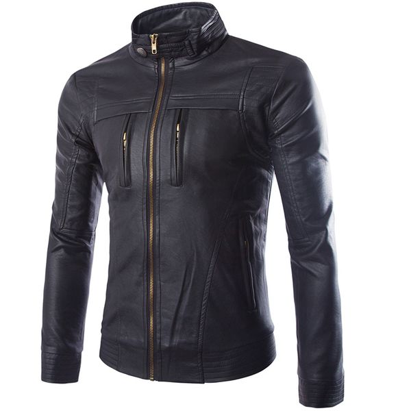 

2018 autumn winter korean fashion pu leather jacket men stand collar zippers moto biker street buffalo leather jackets for men, Black