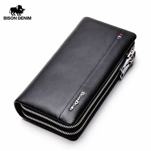 

bison denim men wallet with coin pocket long wallet double zipper business genuine leather clutch bag cowskin purse men n8008-2 mx190719, Red;black