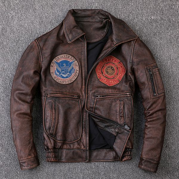 

2020 vintage leather air force pilot genuine leather jacket men cowskin locomotive clothing short slim motorcycle biker coat, Black