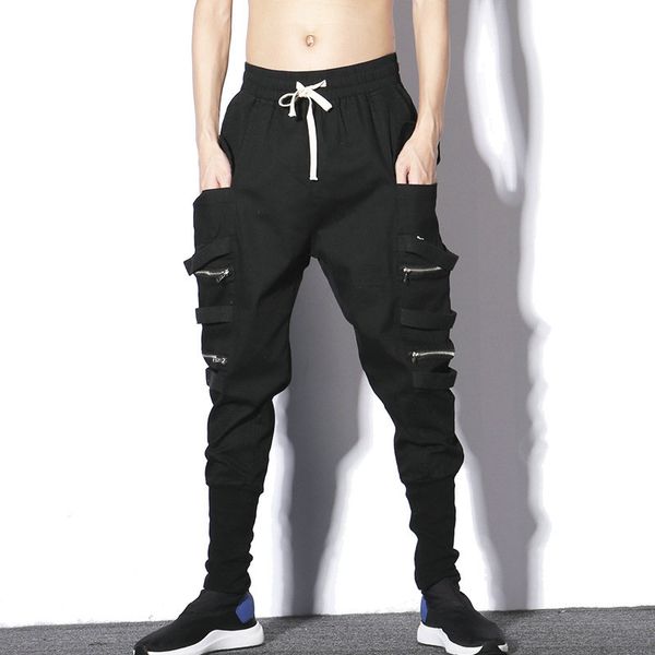 

brand designer black streetwear harem pants men zipper pockets male sweatpants trousers casual slim joggers men