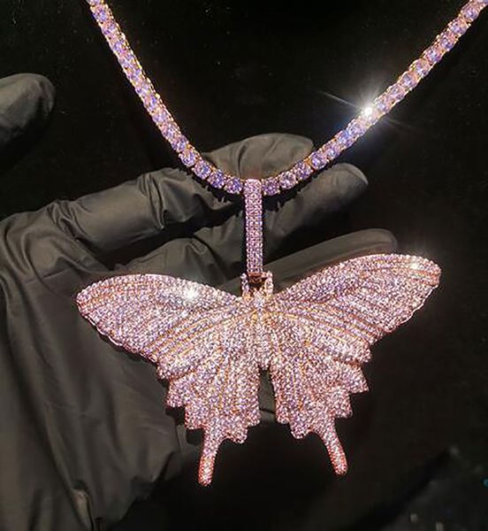 Collana con pendente a farfalla rosa ghiacciata 14K Bling Bling Micro pavimenta gioielli con ciondolo in zirconi cubici per feste di Natale