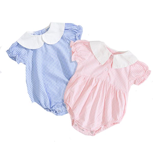 

new children pink bodysuit baby girl clothes short-sleeved cotton suit with plaid small round collar for summer infants jumpsuit, Blue