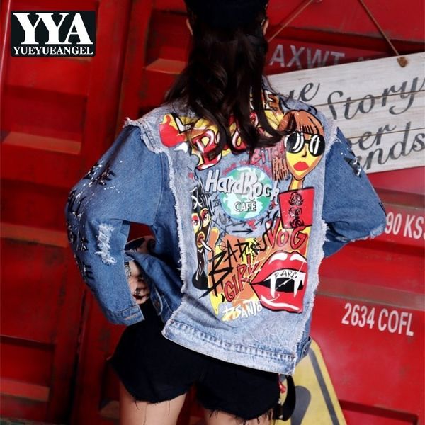 

hip hop personality printing color patchwork women jeans coats long sleeve fashion hole ripped loose casual female denim jackets, Black;brown