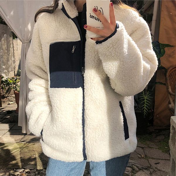 

ladies' both sides wearing jacket women autumn winter zipper coat outwear stand collar patchwork double faced plush jacket coats, Black;brown