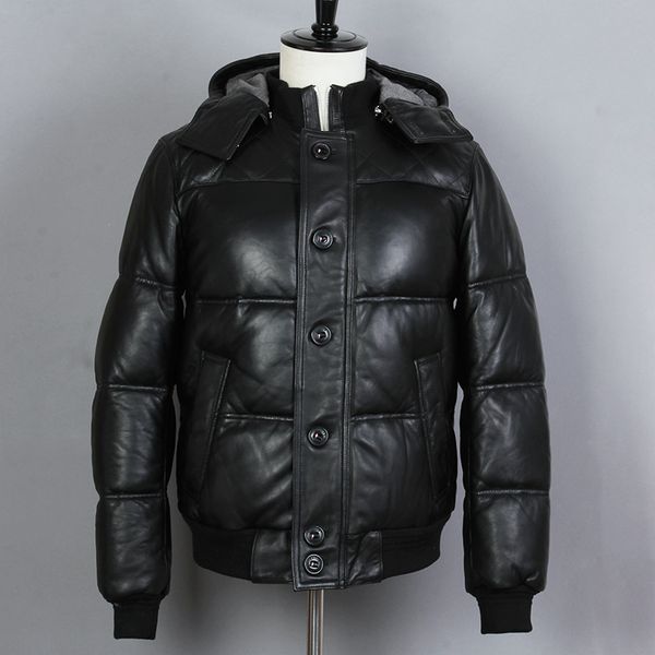 

men's leather & faux winter genuine jacket detachable hooded thick sheep real down clothing, Black
