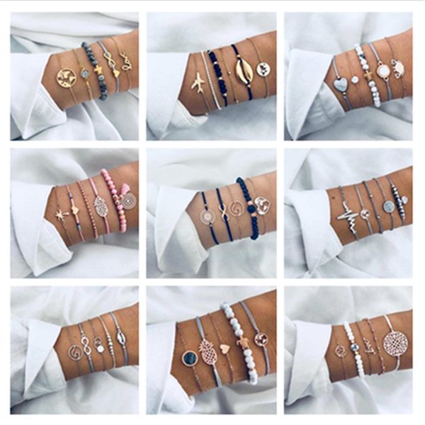 

ahmed bohemian handmade weave heart plain shell tassel bracelet sets women 2019 new grey rope chain bracelets jewelry gifts, Black