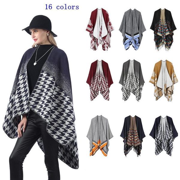 

женщины пончо шарф кардиган хаундстут шаблон винтаж теплый мыс шали длинные шарфы женский пашмины шарф outwear mma2429-2, Blue;gray