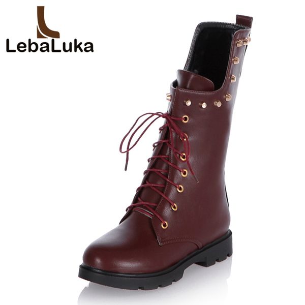 

lebaluka 4 color size 34-43 women flats boots mid calf rivets shoes women lace up round toe botas stylish cross strap shoes, Black
