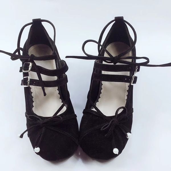 

4.5cm high heels pleuche black bow crossed straps pumps lolita heel shoes princess girl sweet lolita cosplay party shoes