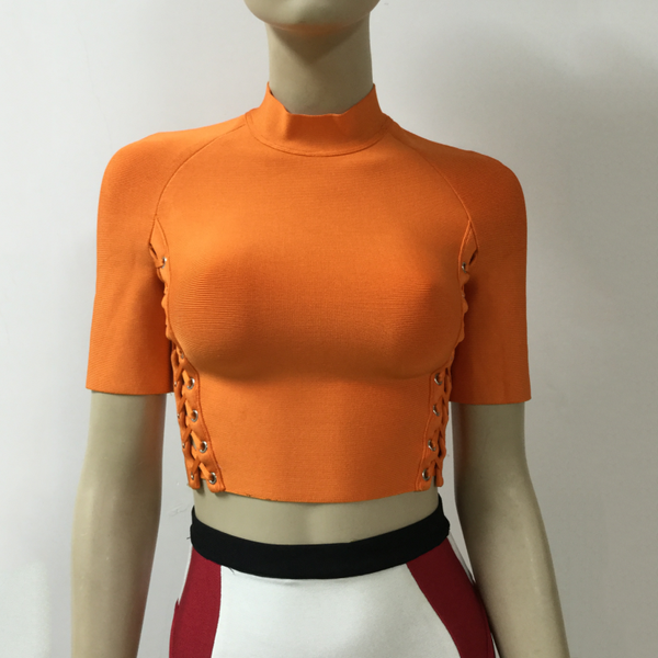 

new women round neck summer short sleeve mini tank exposed navel tying casual short, White