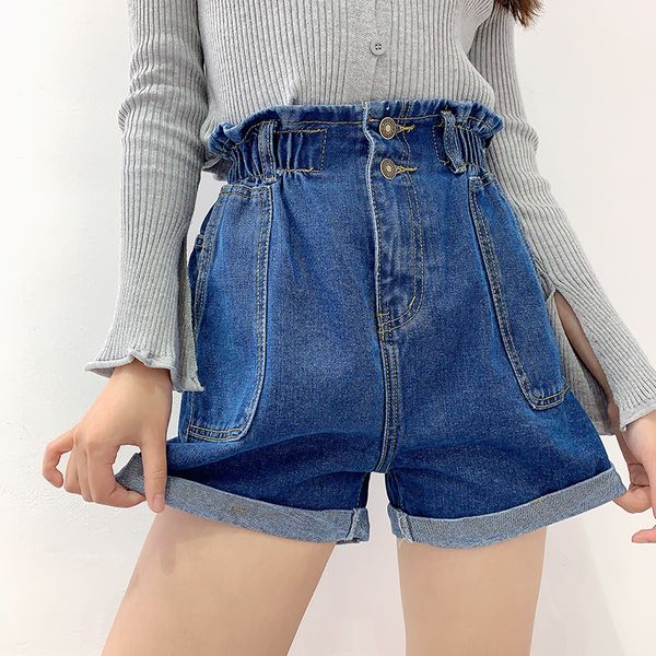 

seebeautiful simple elastic high waist lace up pocket patch denim shorts woman summer 2020 new fashion tide l679, White;black