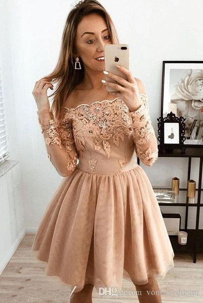

graceful long sleeve off the shoulder cocktail dresses knee length appliques lace beaded a line homecoming dress, Black