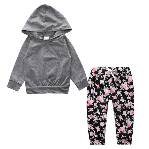

fashion 2pcs grey flower pattern children suit clothing set cotton long sleeved dog head printing t-shirt+pants clothes suit, White