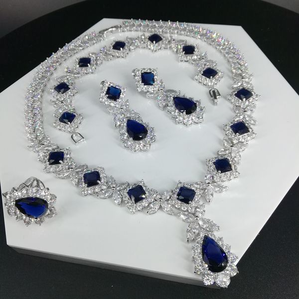 

new fashion retro blue water drop zircon necklace earring bracelet ring wedding bride dinner party dress jewelry ing, Silver