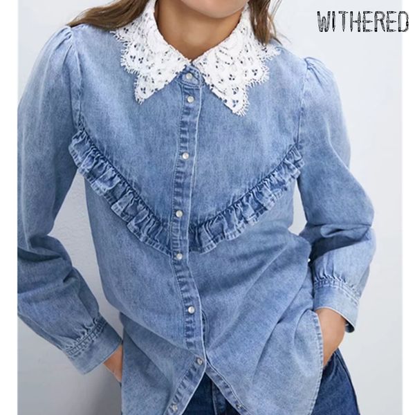 

withered england high street lace splicing ruffles denim blusas mujer de moda 2019 kimono blouse women womens and blouses, White