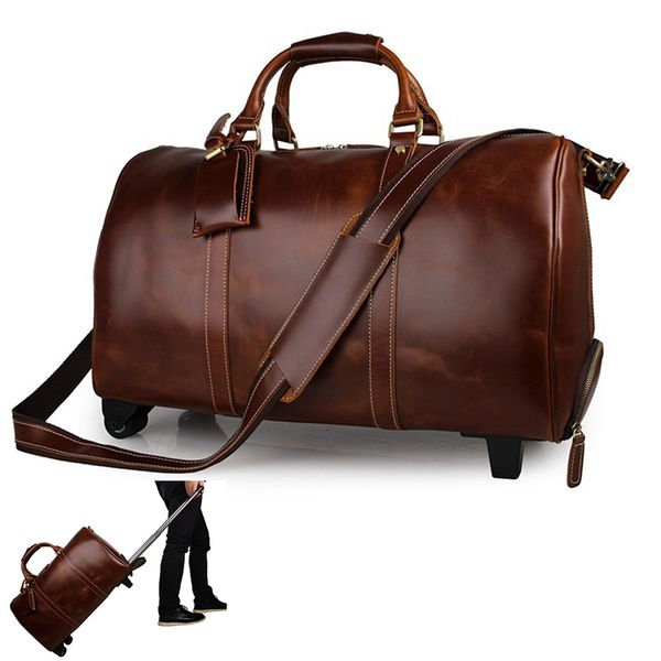 

men's crazy horse leather trolley case 20" brown genuine leather travel bag with wheels cowhide luggage bag big weekend bag