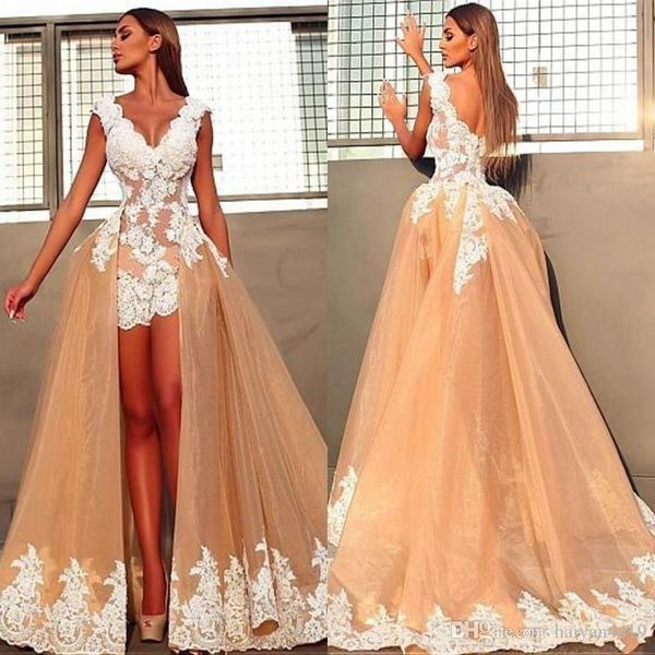 

a line wedding dresses v neck white 3d floral appliques lace backless sheath overskirts short summer bohemian beach bridal gowns