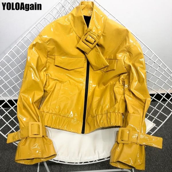 

women's leather & faux yoloagain women shiny genuine jacket ladies stand collar real sheepskin, Black