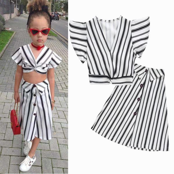 

fashion kids toddler girl clothes set short sleeve crop striped maxi skirt long dress summer outfit 3-8t, White