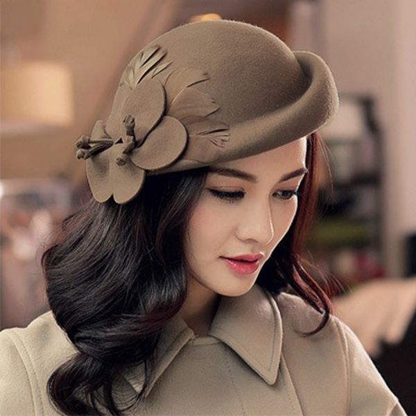 

2018 autumn and winter lady party formal 100% wool felt hats women flower woolen beret caps, Blue;gray