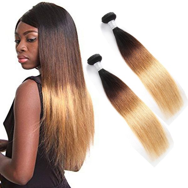 

indian human hair 1b/4/27 ombre hair extensions 10-28inch silky straight 1b 4 27 three tones color straight 2 bundles double weft, Black