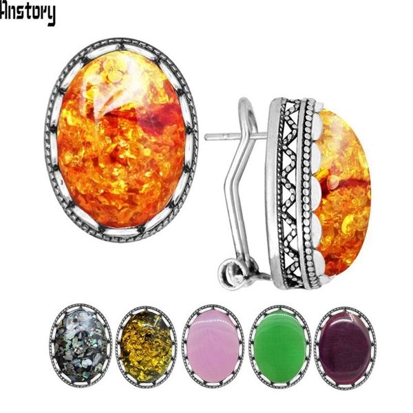 

oval simulated ambers and beeswaxs cuff stud earrings for woman double layer vintage antique sliver plated fashion jewelry, Silver