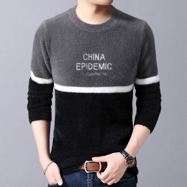 

2019 pullover solid color winter imitation mink wool men's knitted sweater, White;black