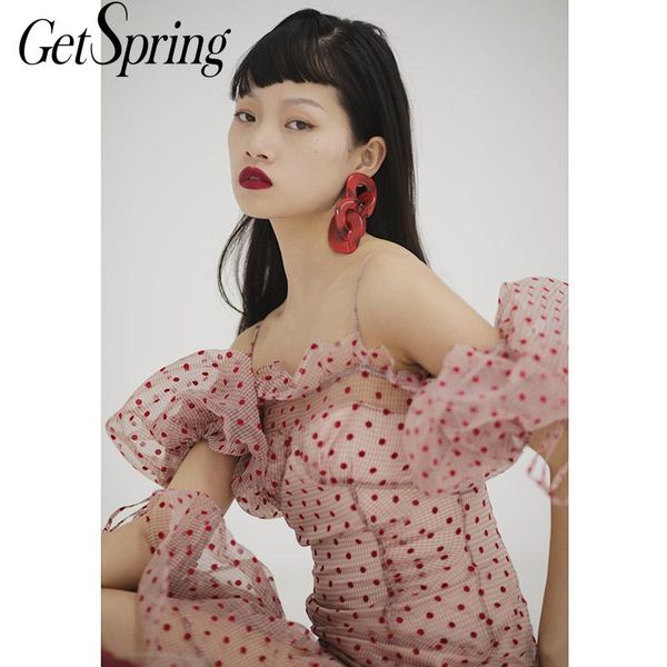 

getspring women dress slash neck off shoulder dresses dot printed ruffles organza длинное платье ретро фея женские платья лето, Black;gray