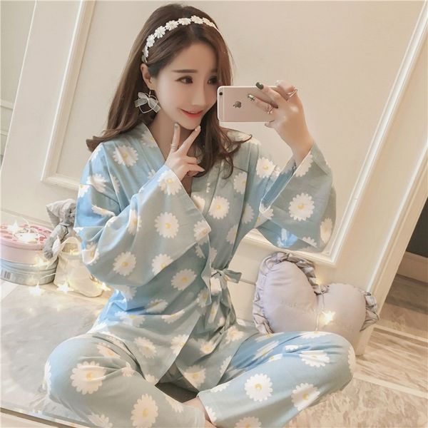 

2019 spring autumn cotton pajama sets for women long sleeve soft pyjama sun floral print kimono sleepwear homewear home clothing, Blue;gray