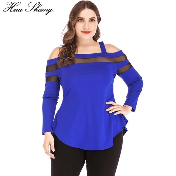 

women's blouses & shirts plus size femme slash neck long sleeve cold shoulder strap blouse blue elegant mesh see trough ladies tunic to, White